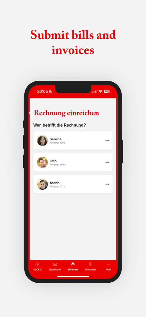 선택할 가족 구성원 목록과 함께 송장 제출 프로세스를 보여주는 myÖKK 앱의 모바일 화면.