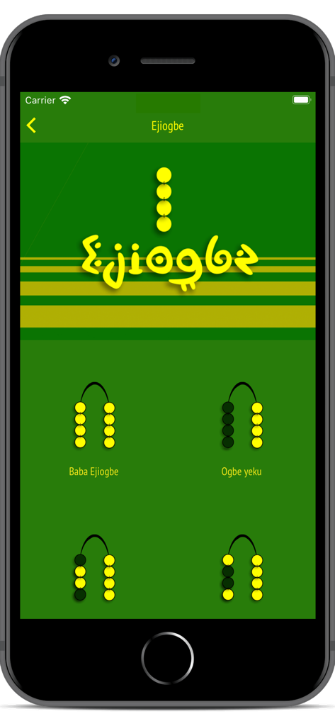 Signos Ifa - Pantalla de la aplicación móvil que muestra el signo Ejiogbe y otros diagramas del oráculo de Ifa con símbolos de cuentas amarillas sobre un fondo verde