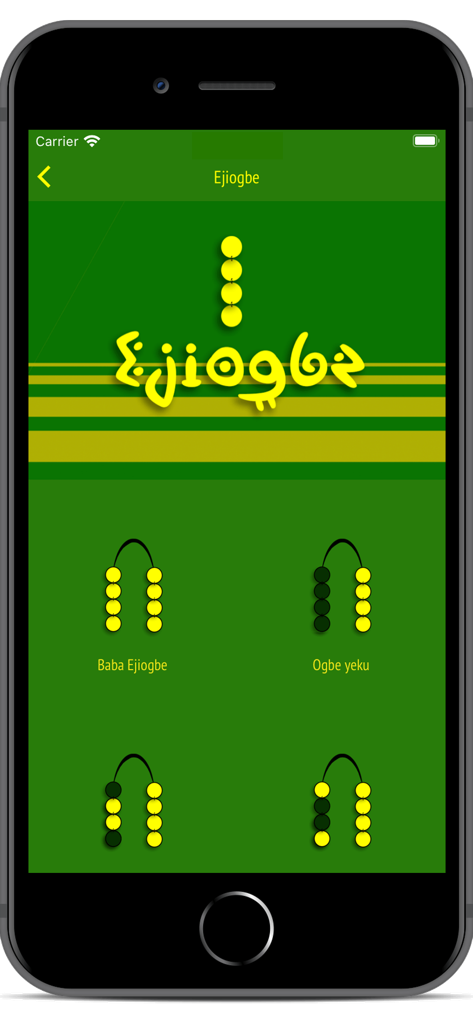 Pantalla de la aplicación móvil que muestra el signo Ejiogbe y otros diagramas del oráculo de Ifa con símbolos de cuentas amarillas sobre un fondo verde