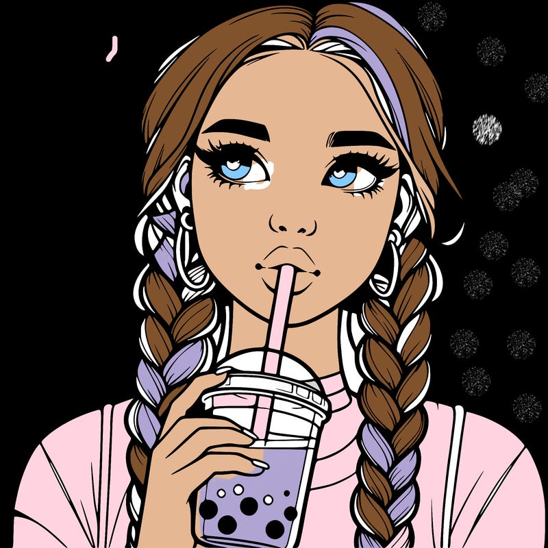 realistic girl with braided hair drinking boba