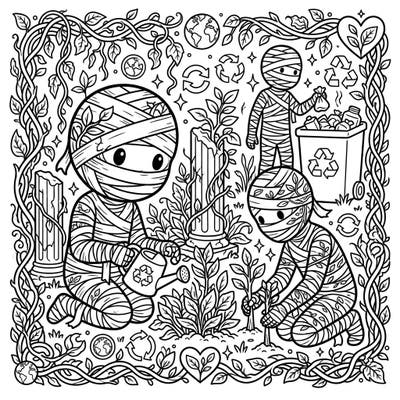Discover a unique Earth Day celebration with our Cursed Mummies coloring page! These adorable yet ancient beings are dedicated to protecting our planet, from planting new life to recycling for a brighter future.
