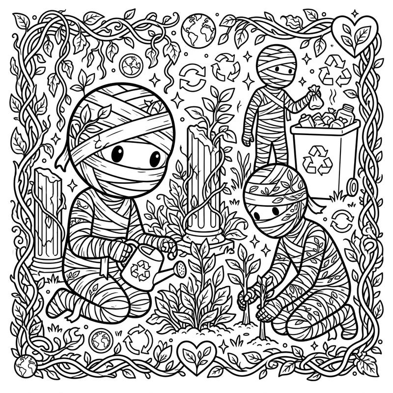Discover a unique Earth Day celebration with our Cursed Mummies coloring page! These adorable yet ancient beings are dedicated to protecting our planet, from planting new life to recycling for a brighter future.