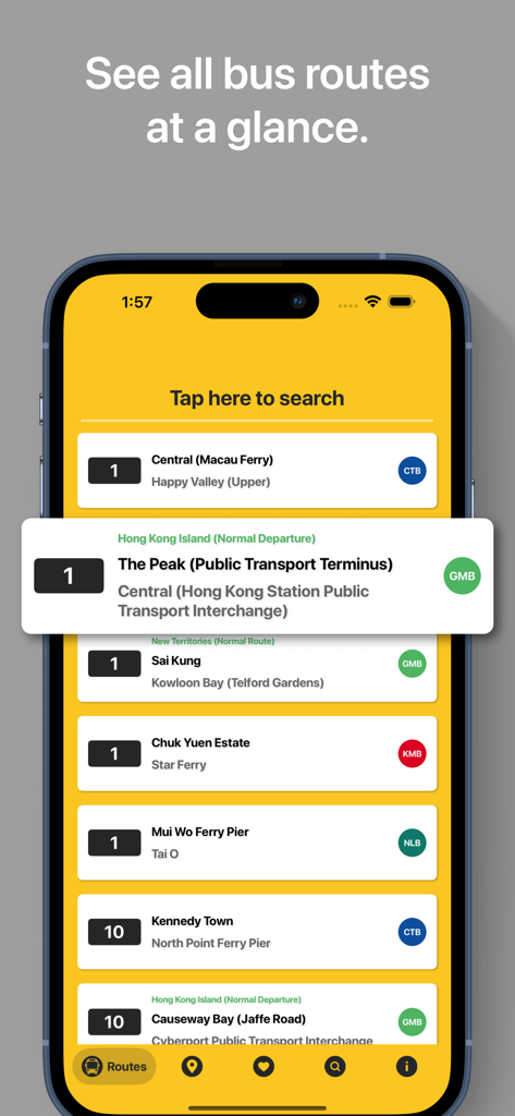 HKBUS - Hong Kong Bus - La interfaz de la aplicación HKBUS muestra una lista de varias rutas de autobús y destinos en Hong Kong.