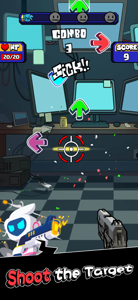 Beat Gun - Beat Gun gameplay screen showing a character shooting at music arrows to the beat