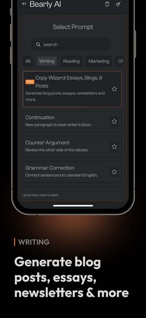Bearly AI - Bearly AI app interface showing writing prompts for blog posts and newsletters