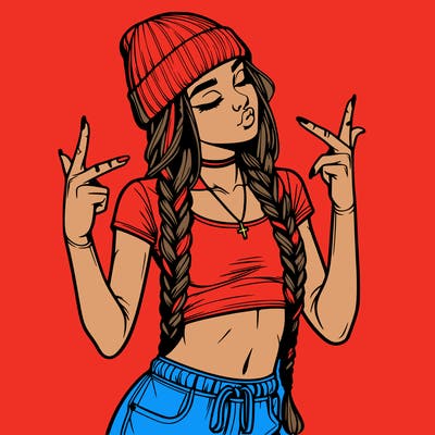 realistic teenage girl with braids and a beanie and crop top doing 🫶🏼