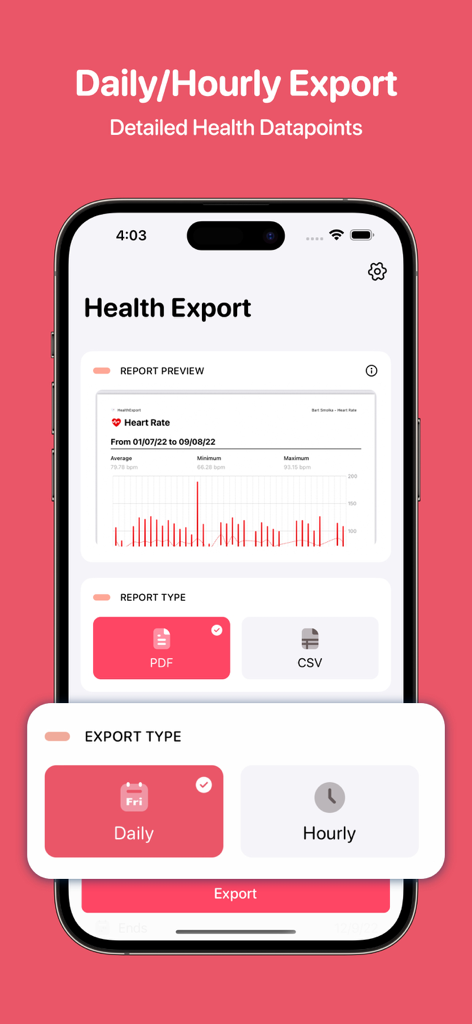 Health App Data Export Tool - Screenshot of the Health App Data Export Tool showing daily and hourly export options for PDF or CSV health reports.