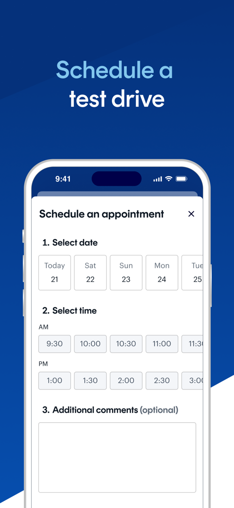 CarGurus: Used & New Cars - Mobile interface of the CarGurus app showing the schedule a test drive screen with date and time selection