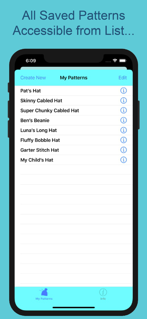 KnitsThatFit Sweaters Premium - A list of saved custom knitting patterns in the KnitsThatFit app