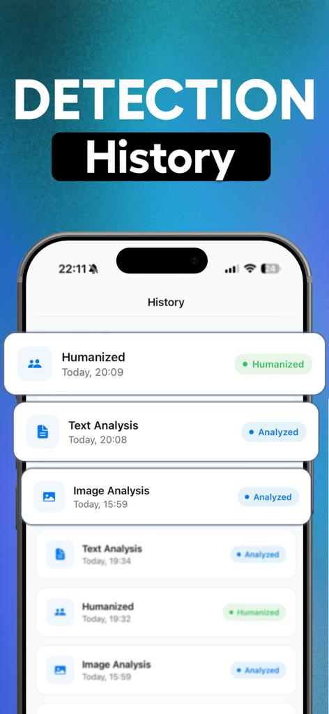 Humanize AI - AI Checker Tools - Screenshot of the detection history screen in the Humanize AI app showing humanized and analyzed content logs