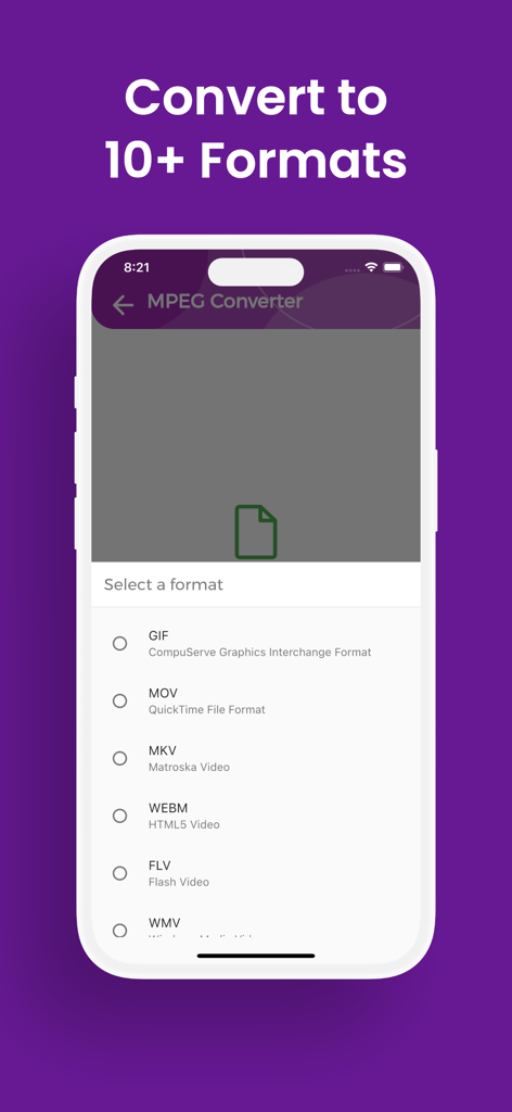 Smartphone screen showing a list of video formats including GIF, MOV, and MKV for file conversion.