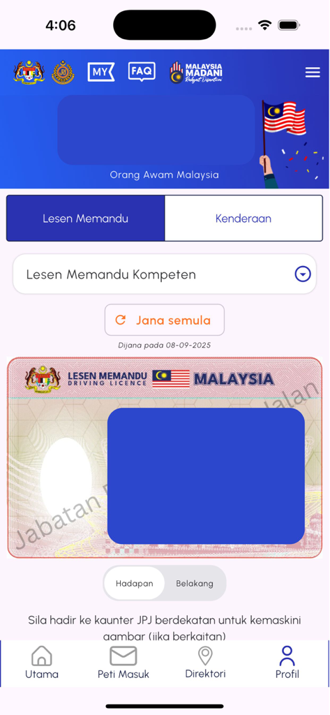 Digital Malaysian driving license displayed within the MyJPJ mobile app interface.