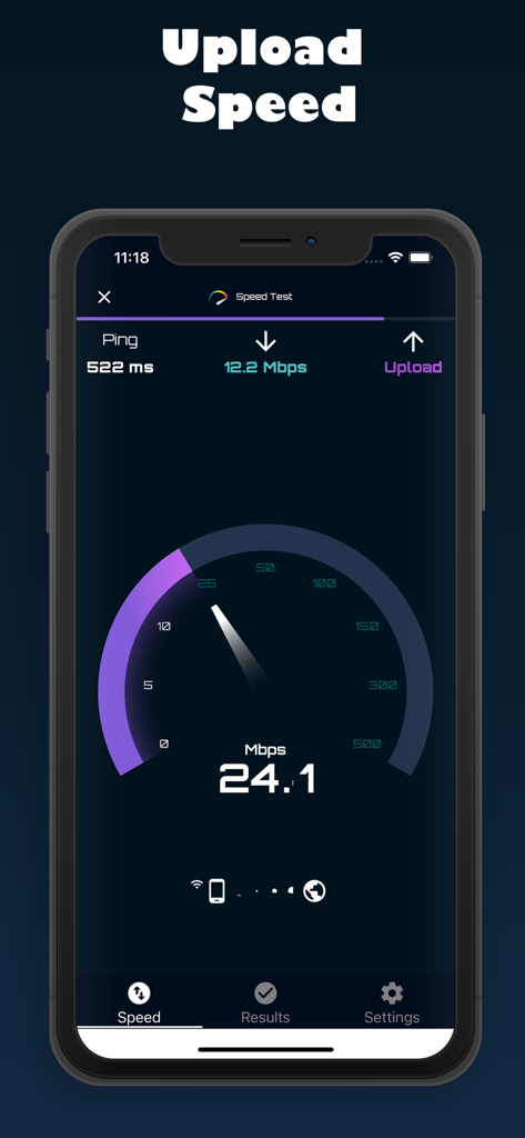 Interfaccia dell'app SpeedTest su un iPhone che mostra un test della velocità di upload della rete con statistiche in tempo reale e ping