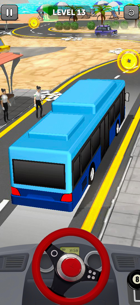 Vehicle Master 3D Driving Game - A blue bus driving on a coastal road in a 3D vehicle simulation game