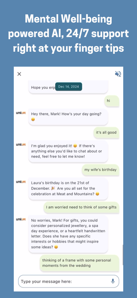 Lumii.life AI wellbeing app chat interface showing personalized 24-7 support and advice