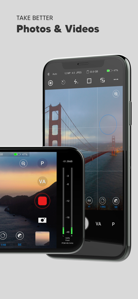Beastcam - Pro Camera - Beastcam Pro Camera app interface on iPhone showing manual controls for professional photography and videography