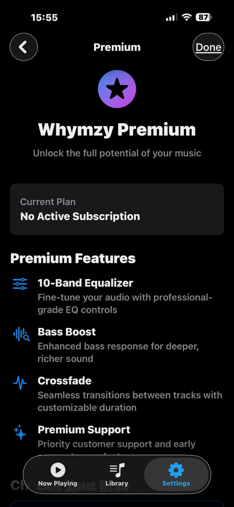 Whymzy Music Player - Whymzy Music Player premium features screen highlighting 10-band equalizer and bass boost options