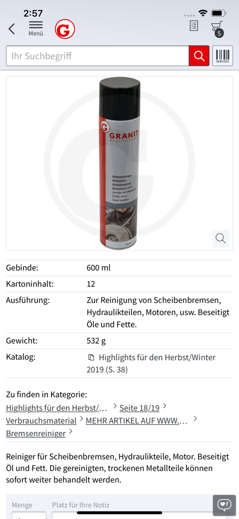 GRANIT PARTS - Vista dettagliata del prodotto di una bomboletta spray di pulitore per freni sull'applicazione mobile GRANIT PARTS