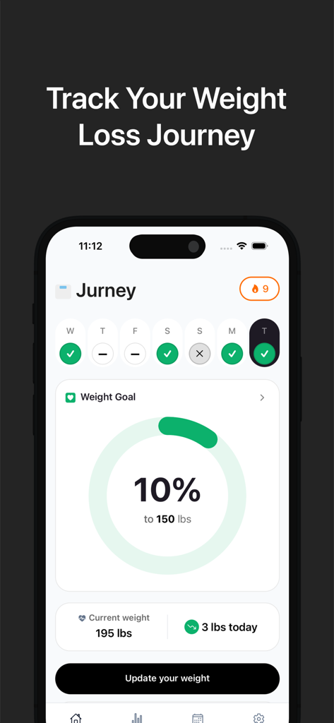 Jurney: Track Your Weight Loss - Jurney app dashboard showing weight loss progress and daily logs
