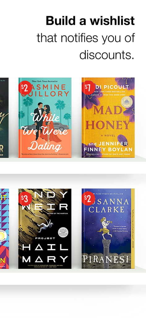 BookBub - Una lista de deseos en la aplicación BookBub mostrando títulos de libros con descuento y alertas de precios.