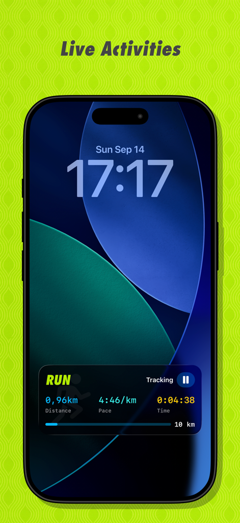 iPhone lock screen showing the RUN app Live Activity widget with real-time distance, pace, and time tracking