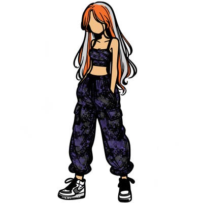 girl in baggy pants crop top and long hair