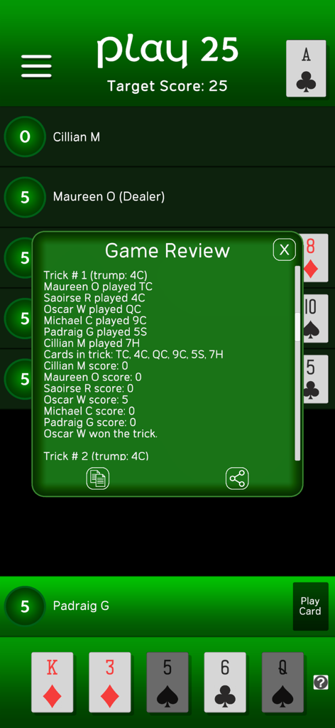 Play 25 - Play 25 card game review screen showing trick history and player scores