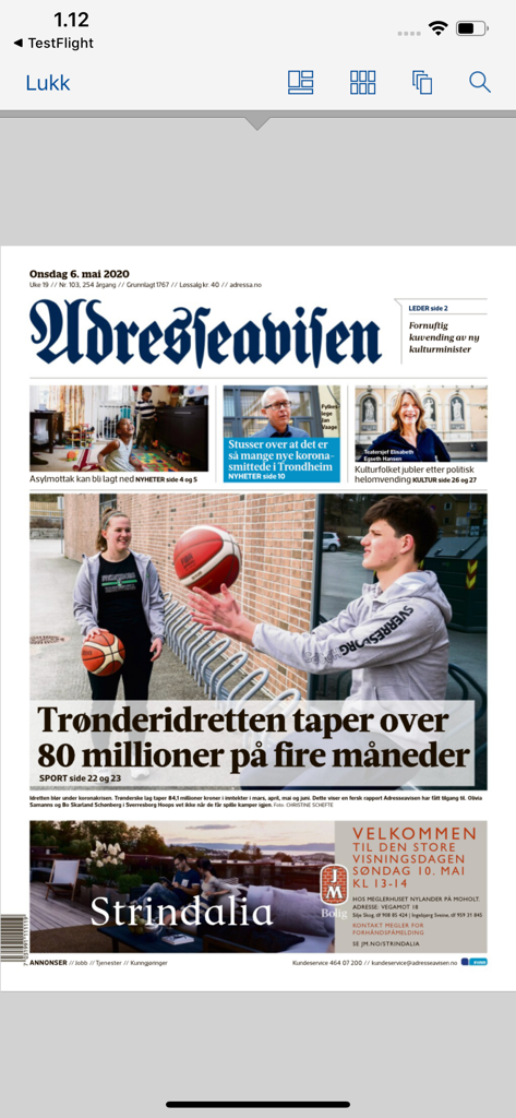Adresseavisen eAvis - Digital replica of the Adresseavisen newspaper front page on a mobile device