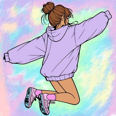 realistic girl jumping with a bun and oversized sweatshirt