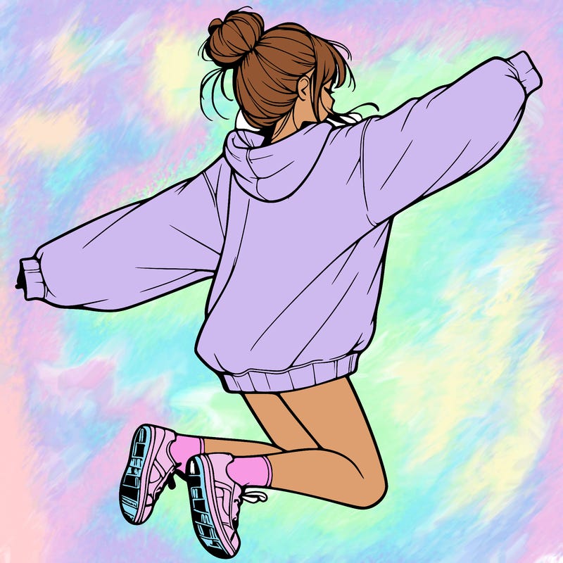 realistic girl jumping with a bun and oversized sweatshirt