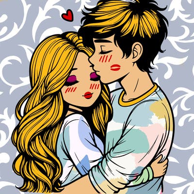 a realistic couple boy and girl hugging and kissing