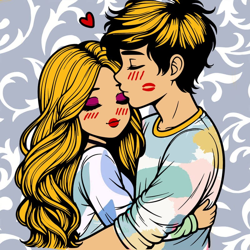 a realistic couple boy and girl hugging and kissing