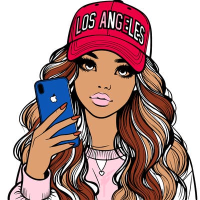 realistic beautiful girl wearing los ángeles cap holding an iphone