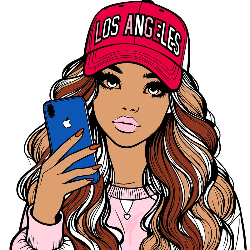 realistic beautiful girl wearing los ángeles cap holding an iphone