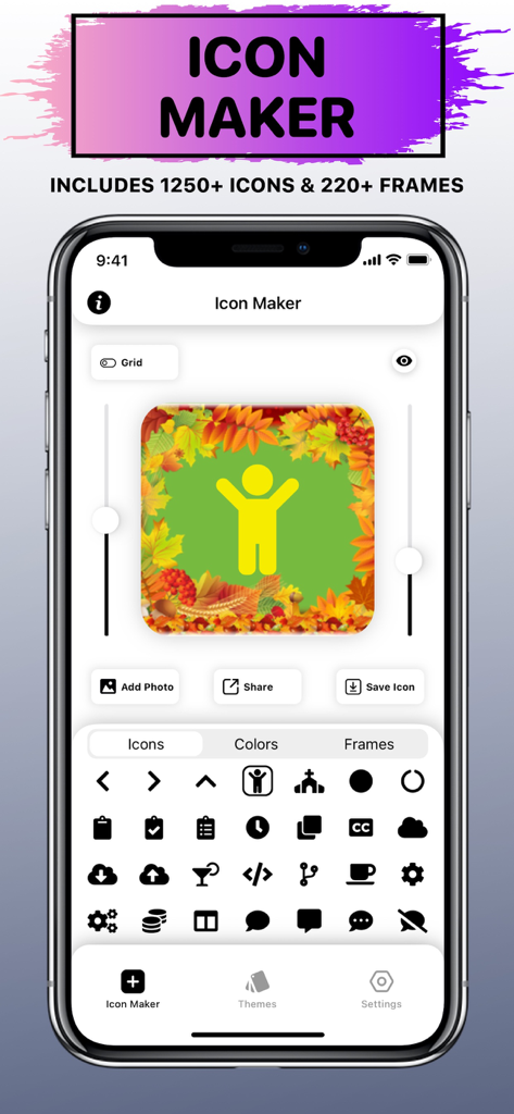 X Icon Changer: Icons & Themes - Interfaz de la aplicación X Icon Changer mostrando la función Creador de Iconos con marcos e iconos personalizables