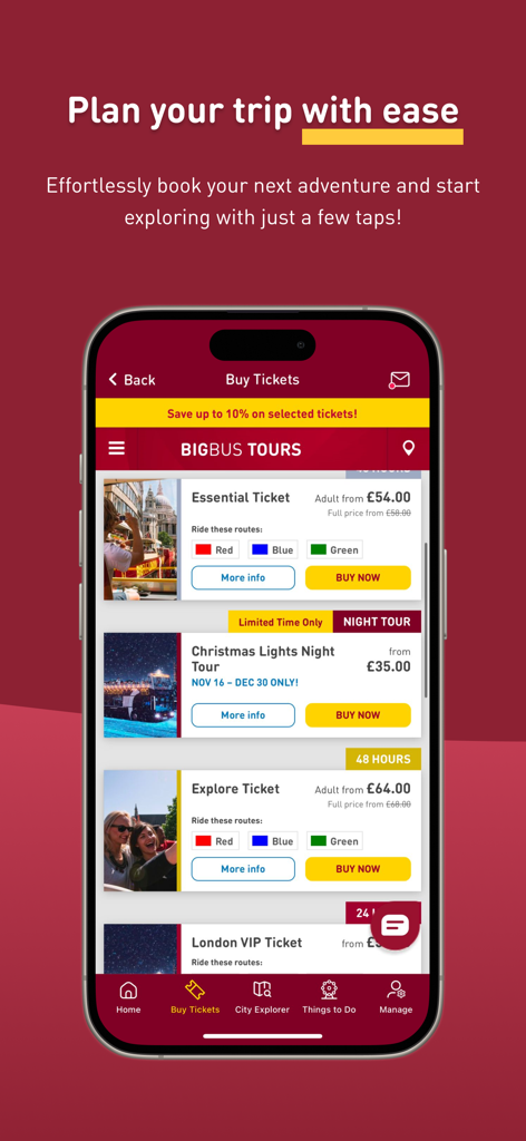 Big Bus Tours app interface showing ticket options for sightseeing tours