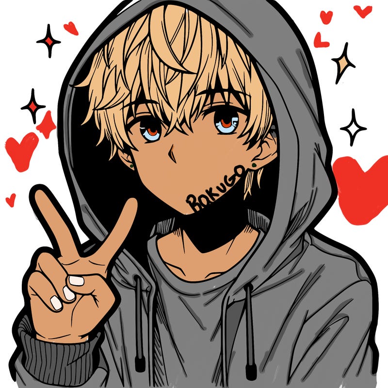 teenage manga boy in a hoodie, doing ✌