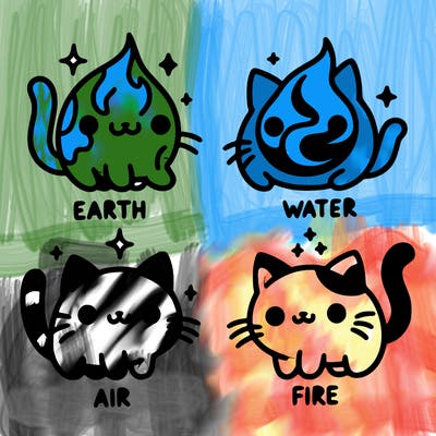 4 cats that represent the different elements, earth, water, air, and fire