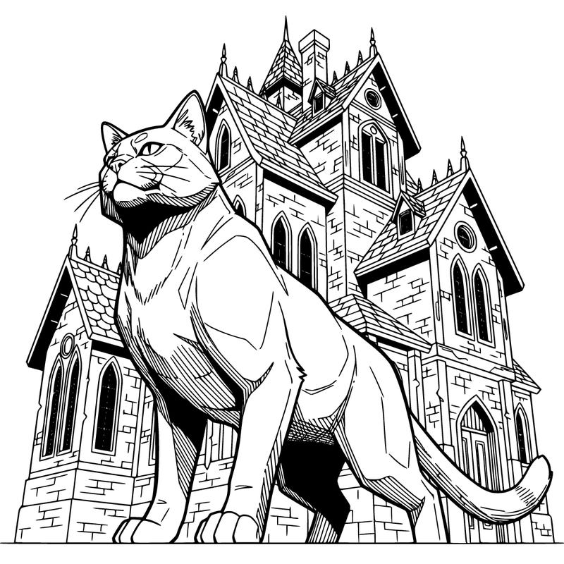 the cat is standing near the house