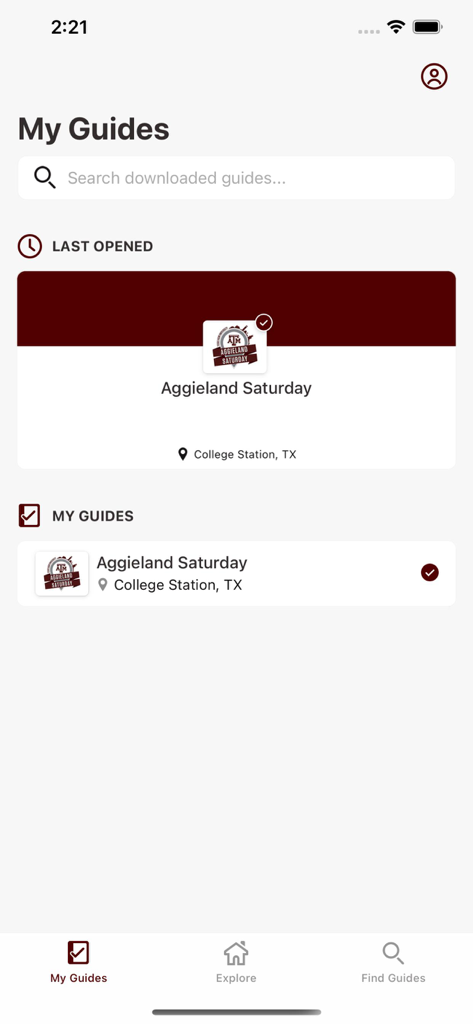 Texas AM Admissions Guidebook app interface showing the My Guides dashboard with the Aggieland Saturday event guide selected.