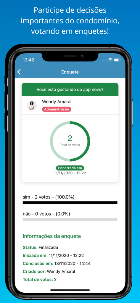 Control Condo - A mobile phone screen showing a community poll and voting results in the Control Condo app