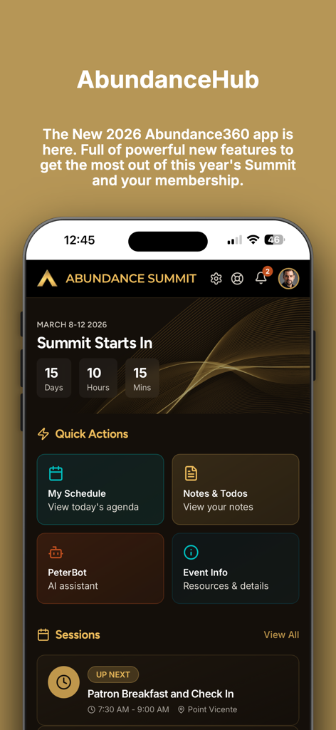 AbundanceHub - AbundanceHub app dashboard showing the 2026 Abundance Summit countdown and quick actions for members