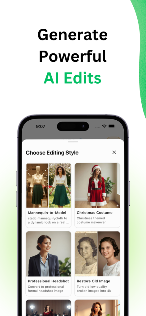 A mobile app interface for TryOn AI showing various editing styles like mannequin to model and professional headshot