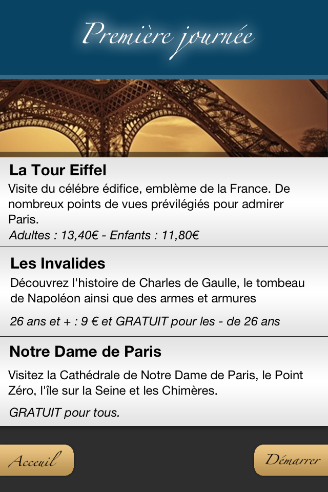 Paris en 3 jours - Captura de tela do aplicativo de viagens de Paris mostrando o itinerário do primeiro dia, incluindo a Torre Eiffel e Notre Dame