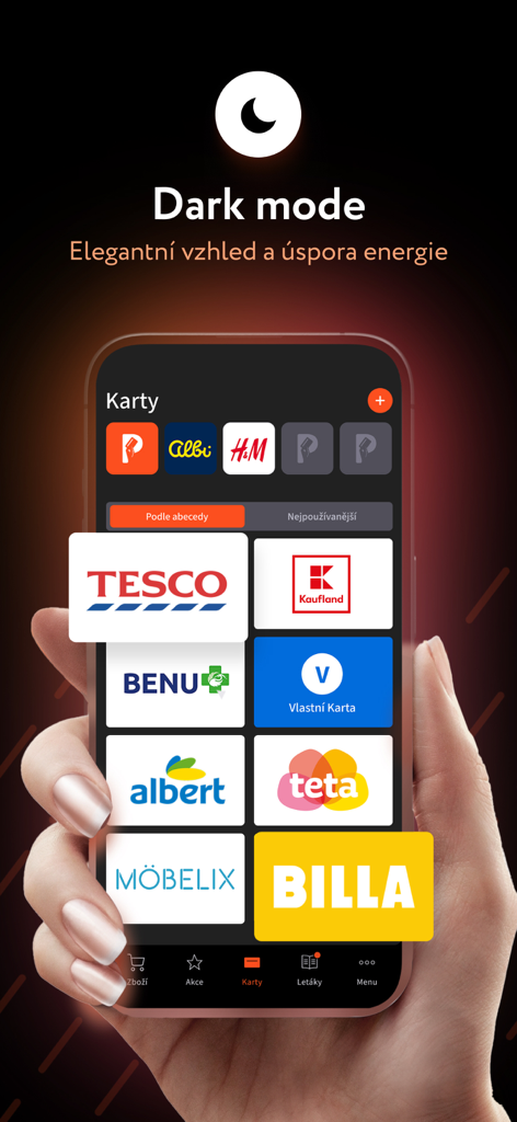 Screenshot of Portmonka app featuring dark mode interface and a collection of digital loyalty cards from retailers like Tesco and Kaufland