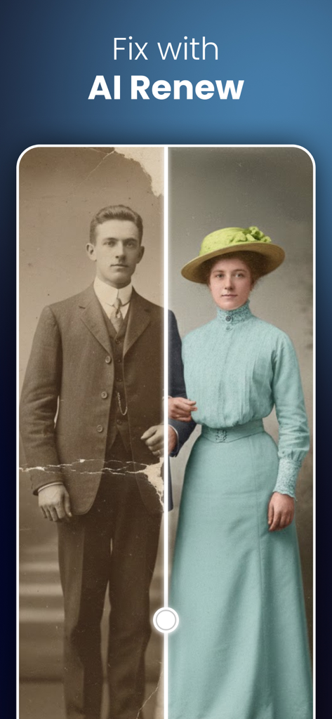 Stable Diffusion-AI Generator - A side-by-side comparison showing an old damaged black and white photo of a man next to a colorized and restored photo of a woman using AI technology.