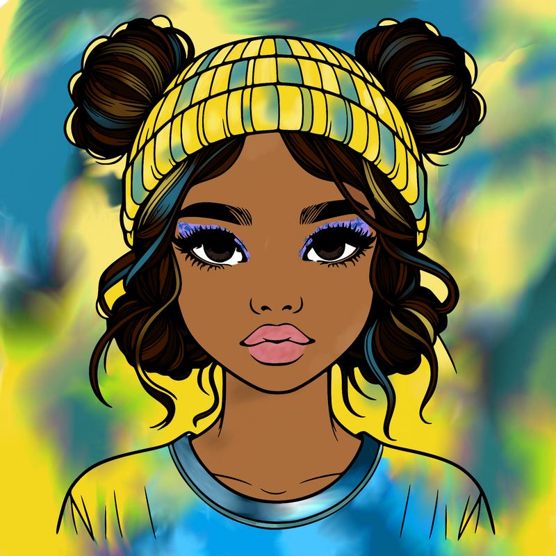 realistic girl with buns in her hair with a beanie on