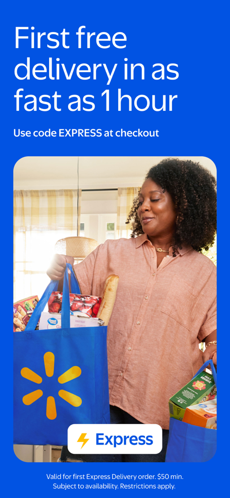 Woman holding blue Walmart grocery bags with text promoting free express delivery in as fast as one hour