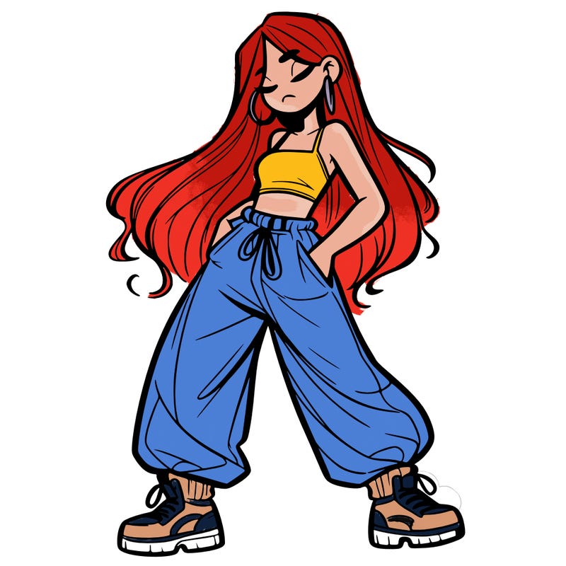 girl in baggy pants crop top and long hair