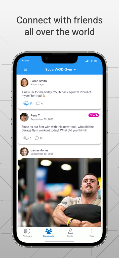 SugarWOD - SugarWOD mobile app community screen showing social posts from athletes and coaches with fist bump interactions